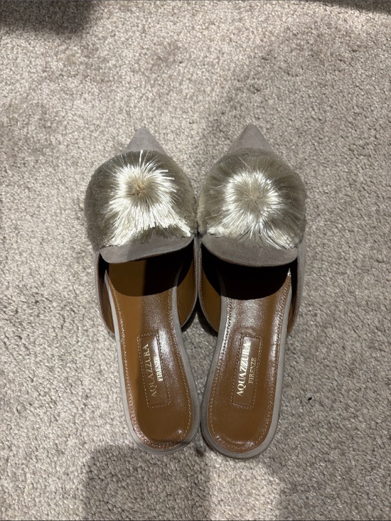 Aquazzura Shoes - Aquazzura Taupe Suede Pointed Mules with Fur Pom